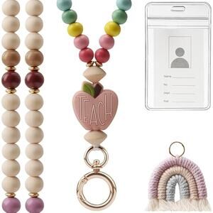 Teacher Lanyard with ID Holder Fashion Wood Beaded Lanyard for Keys Super Cute